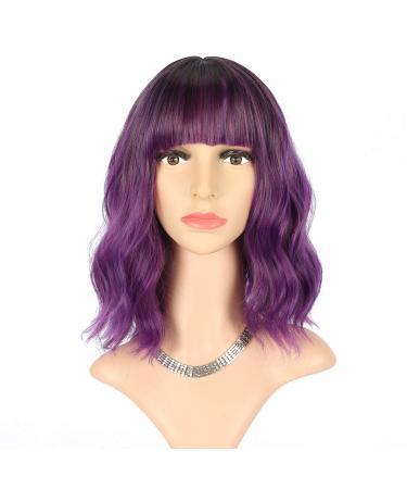 FAELBATY Purple Wig With Bangs Short Bob Synthetic Cosplay Wig for women Costume Wigs (12" Ombre Dark Purple Color )