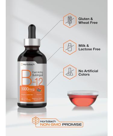 Horbaach B-12 5000 mcg Fast-Acting Sublingual Liquid Vitamin B12 Vegetarian Non-GMO & Gluten Free Formula - Berry - 4 oz - Buy Online on GoSupps.com