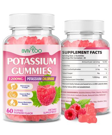 Potassium Gummies for Adults with 1200mg Potassium Chloride - Supports Muscle Health & Leg Cramps Raspberry Flavor 60 Count 1pack