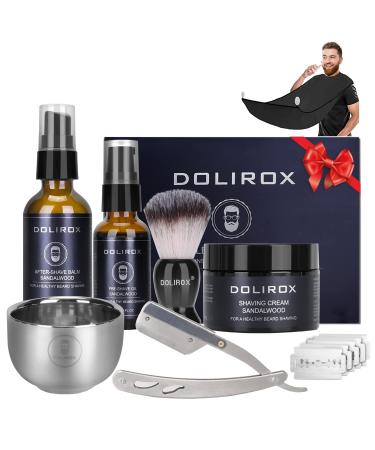 Shaving Kit for Men,Includes Straight Razor, Shaving Cream, Pre Shave Oil, After Shave Balm for Men,Shaving Brush and Bowl, Beard Apron Bib, Gifts Set for Men Him Boyfriend Stocking Stuffers Black