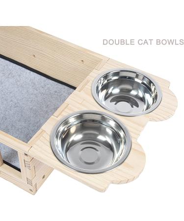 Yiotl Wall Mounted Wood Cat Shelf Bed with Two Bowls - Indoor Cat Feeder Shelf & Playing Platform | Cat Perch Bed with Mat - Buy Online on GoSupps.com