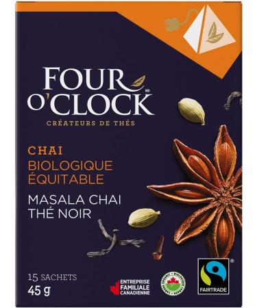 Four O'Clock Organic Fairtrade Black Tea Masala Chai Non-Gmo Kosher Gluten-Free 15 Count Pyramid 45g - Buy Online on GoSupps.com