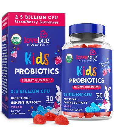 LoveBug Probiotics Kids Probiotics Tummy Gummies Strawberry 2.5 Billion CFU 30 Gummies