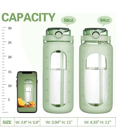 BLUEGO 64oz Glass Water Bottle with Straw Time Marker - Half Gallon Motivational Jug for Gym, Sports, Workout - Silicone Sleeve - 2L Capacity - Green - Buy Online on GoSupps.com