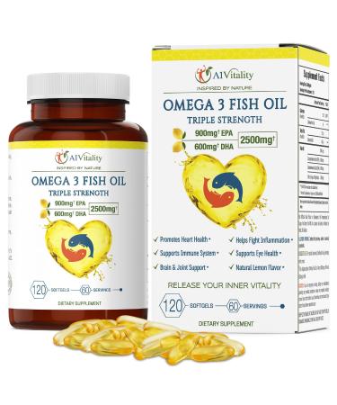Omega 3 Triple Strength EPA DHA Supplement - 2500mg Lemon Flavored Burpless Fish Oil - High Potency 900mg EPA 600mg DHA Supports Circulation Brain Heart Eye Skin Bone & Joints - 120 Softgels