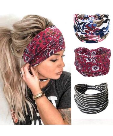 EYSL Headband for women's Hair 3 Pack Boho Knotted Wide Fashion Stretch Head Wraps Twist Flower Printed Hair Band Turban Bandana Hair Accessories for Motorcycle Yoga Workout Multi-coloredC-2 beautiful-1