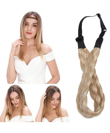 Silk-co women hair band 5 strands blonde artificial hair braided headband elastic hair band for women and girls wedding vintage with hair tie hair part braids extensions 3.8cm wide 18/613 3.8cm wide light blonde & bleaching blonde#
