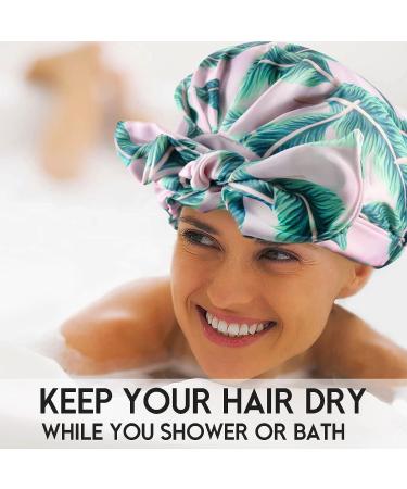 Reusable Waterproof Luxury Shower Cap for Women | Upgraded Satin Material | Waterproof EVA Coating | Adjustable Elastic Band | Large Size for Long, Short, Curly Hair - Pink Leaves - Buy Online on GoSupps.com