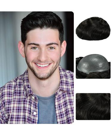 Zakya Hair System for Men 0.06 mm Thin Skin Men's Toupee 100% Human Hair Men's Hairpieces 8x10 Inches Base Size Hair Replacement System for Men(Off Black 1B#)