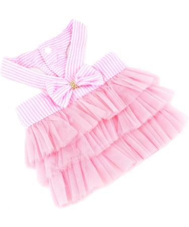 Pink Striped Denim Puppy Dress with Organza Bow and Beads - XS size (Chest 30cm/11.8, Back 20cm/7.9) - Summer Sleeveless Button-Up Dog Apparel - Buy Online on GoSupps.com