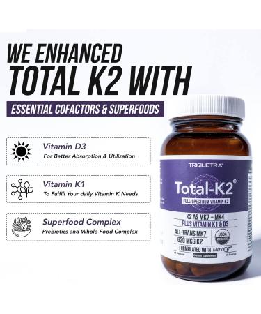 Total K2 | Vitamin K2 as MK7 & MK4 | Plus K1 & Vitamin D3 Cofactor - 620 mcg K2 per Serving - All-Trans MK7 from MenaQ7 - Full-Spectrum Vitamin K - Vegan Organic Certified (60 Capsules) 60 Count (Pack of 1) - Buy Online on GoSupps.com