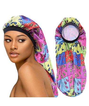 Vinyl Quote Me Extra Long Colorful Satin Bonnet Sleep Cap Long Bonnet for Braids Hair Loose Cap (Colorful Peacock)