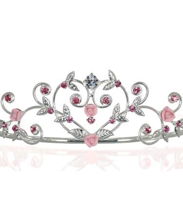 Rose Flower Rhinestone Crystal Wedding Tiara Crown - Pink Roses | Silver Plated - Buy Online on GoSupps.com
