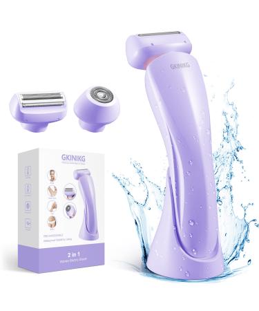 Electric Razors for Women,GKINIKG 2 in 1 Electric Shaver for Women Bikini Trimmer,Womens Electric Razor for Legs Armpit Face Beard,Portable Wet Dry Use Cordless with Charging Base B Light Purple