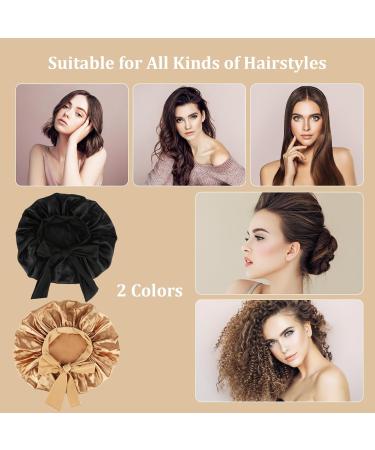 Silk Sleep Hood Set - 2 Adjustable Bonnets & Hair Ties for Women | Black & Gold Satin Night Caps - Buy Online on GoSupps.com