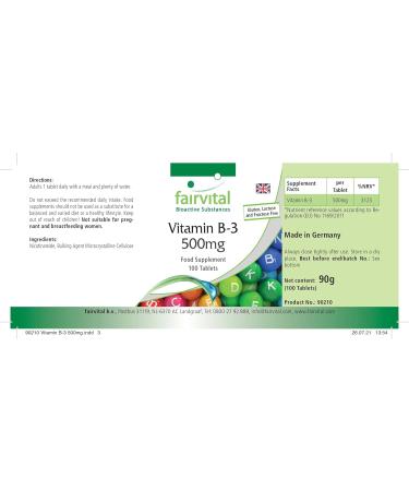 Fairvital Vitamin B3 500mg - High Dose Vegan Nicotinamide - 100 Tablets - Premium Quality Supplement for Energy & Health - Buy Online on GoSupps.com