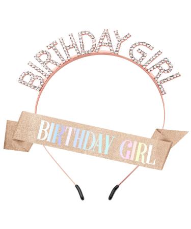 Birthday Sash Birthday Crown for Women Birthday Girl Sash Birthday Girl Crown Glitter Rose Gold Birthday Sash and Crown Rhinestone Headband Set Happy Birthday Girl Princess Tiara Sash Accessories Rose Gold & Colorful