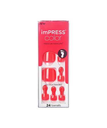 KISS imPRESS Color Press-On Pedicure Fake Toenails Kit  Style Fruity Candy  Square Shaped  Deep Red Press-On Nails  Includes Prep Pad  Mini Nail File  Cuticle Stick  & 24 Fake Nails