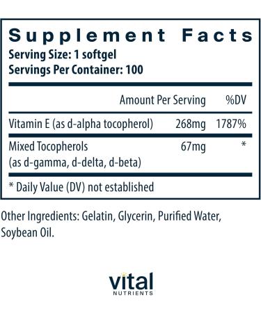 Vital Nutrients Vitamin E with Mixed Tocopherols - Potent Antioxidant Vitamin E And Antioxidant Supplements - 100 Softgels - Buy Online on GoSupps.com