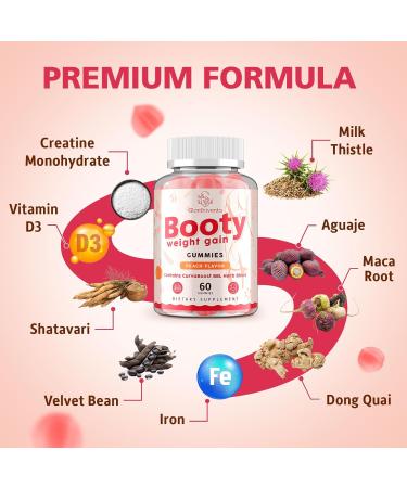 Booty Gummies for Women BBL Gummies Contains CurvaBoost BBL Herb Blend & Creatine Monohydrate for Booty Curves & Energy Zero Sugar Vegan Peach Flavor - 60 Counts 60 Count (Pack of 1) - Buy Online on GoSupps.com