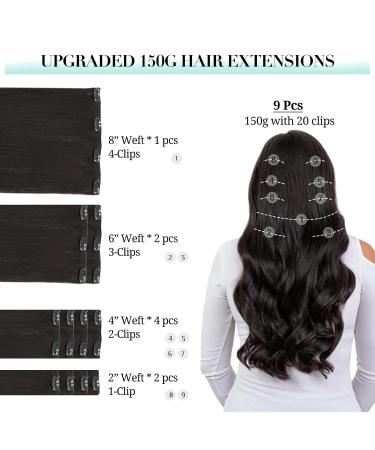 Doores Real Hair Extensions Clip - Natural Black 40cm (16 inch) | 150g Remy Human Hair Straight & Thick - 9 Pieces - Buy Online on GoSupps.com