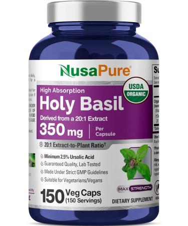 NusaPure USDA Organic Holy Basil Capsules 20:1 Extract 350 mg Equivalent to 350 mg | 150 Vegan Caps | Tulsi Holy Basil Leaf Extract | 2.5% Ursolic Acid | Non-GMO 150 Count (Pack of 1)