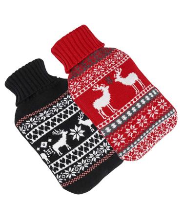 Bambelaa!2 Set hot water bottle with cover large long animal christmas heart designs adult children heat bottle cover hot water bottle cover bottle warm ladies men's feet 2 pieces with 2 liters red and black each