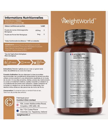 Ashwagandha Organic Extra Strong Capsules 600mg + Organic Black Pepper 5mg - 180 Vegan Capsules (6 Months) - Indian Ginseng or Withania Somnifera with Piperine - Certified by Organic Agriculture - Buy Online on GoSupps.com