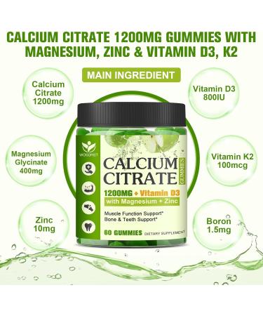 Calcium Citrate 1200mg with Vitamin D3 Supplement for Women and Men - Chewable Calcium Magnesium Zinc D3 K2 Gummies Supplement for Bone, Teeth, Immune Support, Apple Flavor - 60 Gummies Apple 60 Count (Pack of 1) - Buy Online on GoSupps.com
