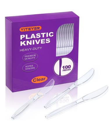 VITEVER 100 Count Heavy Duty Plastic Knives Premium Disposable Knives Durable Plastic Cutlery for for Parties Picnics Big Event Daily Use - Heat Resistant & BPA Free - Clear