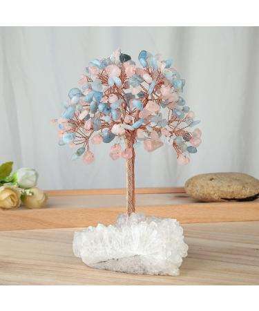 Kyeygwo Rose Quartz & Aquamarine Healing Crystal Money Tree - Feng Shui Gemstone Tree Ornament for Home Decor | Natural Mountain Druse Base - Buy Online on GoSupps.com
