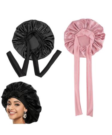 2Pcs Silk Satin Bonnet Silk Hair Wrap for Sleeping Silk Bonnet Hair Wrap for Sleeping Tie Band for Women Long Curly Silk Bonnet Sleep Cap for Curly Hair Perfect for Women Washing Makeup Sport