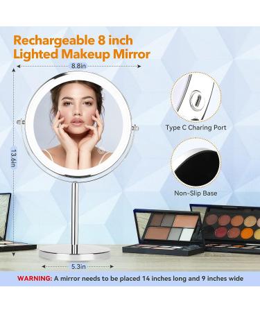 8-Inch Rechargeable LED Makeup Mirror with Lights - 1X/10X Magnification, 3 Color Modes, 360 Rotation - Buy Online on GoSupps.com