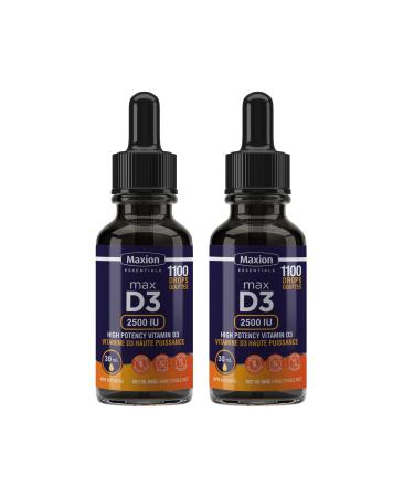 Maxion 2 Pack Vitamin D3 Liquid Drops 2500 IU 1100 Drops Helps with the Development of Bones and Teeth and to Support the Immune System No Preservatives Non-GMO Allergy-friendly 30 mL