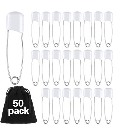 50 Pieces Diaper Pins Baby Safety Pins 2.2 Inch Plastic Head Cloth Diaper Pins with Locking Closures Stainless Steel Nappy Pins with Velvet Bag (White)