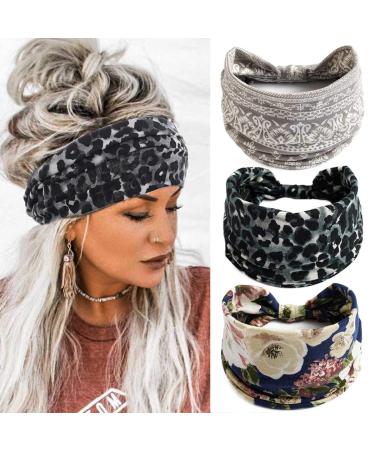 Gangel Boho Wide Headbands Floral Printed Hairbands Elastic Stretch Twisted Head Wrap Knotted Hair Scarfs Vintage Hair Accessories for Women and Girls(Pack of 3) (A)