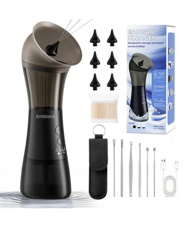 AMBIORA Ear Wax Removal with One-Piece Waste Tank, Ear Cleaner with Smart Temperature Sensor, Safe Silicone Edge, IPX7 & 6 Tips & 4 Modes, Christmas for Gifts for Dad Mom, Gifts for Men Women(Black)