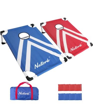 BASYNOL Collapsible Portable Cornhole Set with 2 Corn Hole Boards 8 Bean Bags and Carrying Case Indoor Outdoor Camping Games Yard Toss Game Travel Beach Camping Double Games(3 x 2-feet) Blue Red 3'x2'