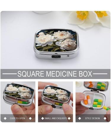 White Peony Print Pill Box - Decorative 2 Compartment Portable Medicine Organizer for Travel | Stylish Metal Pill Case - Buy Online on GoSupps.com