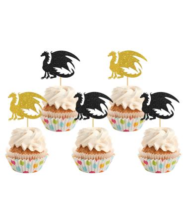INNORU Dragon Cupcake Toppers Fantasy Birthday Party Decorations Flying Dragon Baby Shower Birthday Wedding Party Decorations Supplies Pack of 24 Glitter