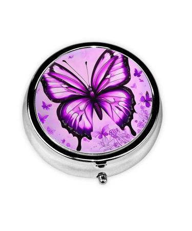 Purple Butterflyround Pill Box 3 Compartments Round Pill Box Organizer for Purse Or Pocket Portable Travel Pill Box
