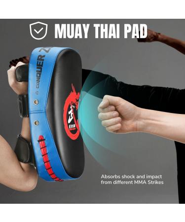 Flexzion Blue Curved Muay Thai Kick Pad for MMA, Karate, Taekwondo - Adjustable Forearm Strap - Buy Online on GoSupps.com