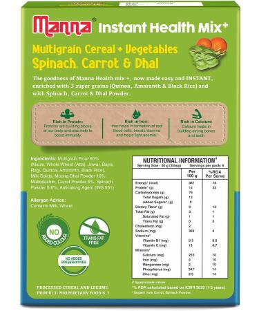 Manna Health Mix Instant 200g Spinach Carrot Dal with Milk Travel Friendly (Mix with Water/Milk and Serve) - Buy Online on GoSupps.com