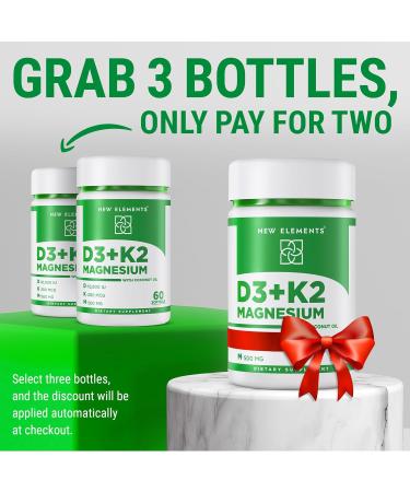 New Elements Vitamin D3 K2 10 000 IU with Magnesium Glycinate 500mg - Bone Health Immune Support Energy & Mood - Non-GMO Gluten-Free Sugar-Free Softgels for Women & Men (60 softgels) - Buy Online on GoSupps.com