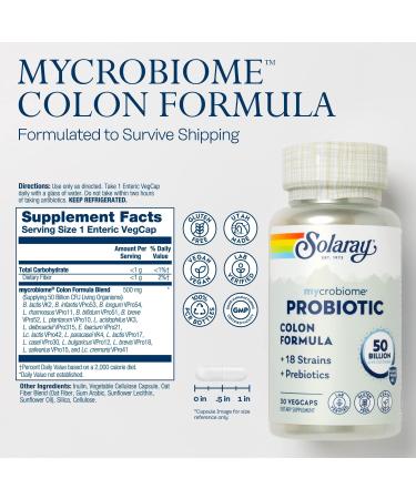 SOLARAY Mycrobiome Probiotic Colon Formula - 50 Billion CFU, 18 Strains, Vegan, with Prebiotic Inulin for Digestive Health and Immune Support - 30 VegCaps - Buy Online on GoSupps.com