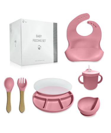 Baby Weaning Set Silicone Baby Self Feeding Tableware Set - Divided Suction Plate - Bowl with Suction Plate - Bowl Set with Sippy Cup Silicone (Pink)