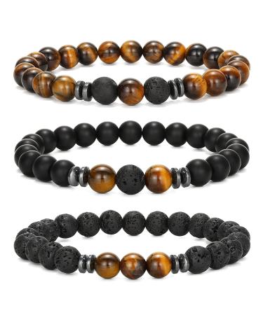 Karjiaja 3 PCS Tigers Eye Bracelet Crystal Beads Agate Gemstones Natural Stone Chakra for Women Healing Positivity Anxiety Relief Yoga Reiki Elastic