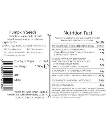 Seba Garden Pumpkin Seeds 1000g - AA Quality High Fiber Raw Protein Source Grown Without Shell Iron Rich - Buy Online on GoSupps.com