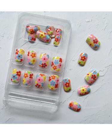 24 Pcs Short Square Flower Press on Nails - Colorful Floral Designs - Glossy Acrylic False Nails - Full Cover Stick on Nails for Women and Girls - Buy Online on GoSupps.com