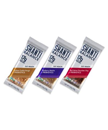 SHANTI BALANCE | 3 New Flavors | 17G Plant Protein | Organic Gluten Free Superfood | Gut Health Prebiotics + No-Bloat Fiber | 4 of each flavor, 12 Count, 2 oz Bars Gut It Together Variety Pack